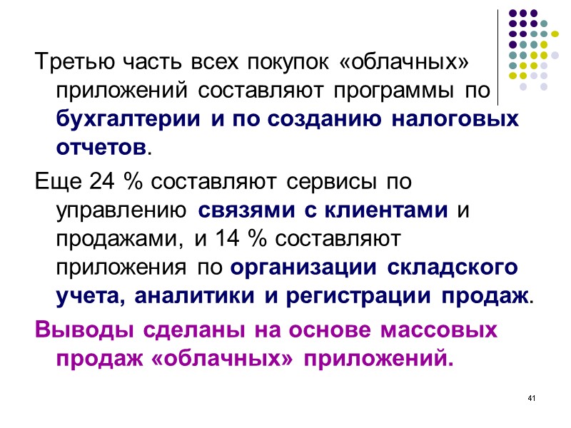 41 Третью часть всех покупок «облачных» приложений составляют программы по бухгалтерии и по созданию 41 Третью часть всех покупок «облачных» приложений составляют программы по бухгалтерии и по созданию